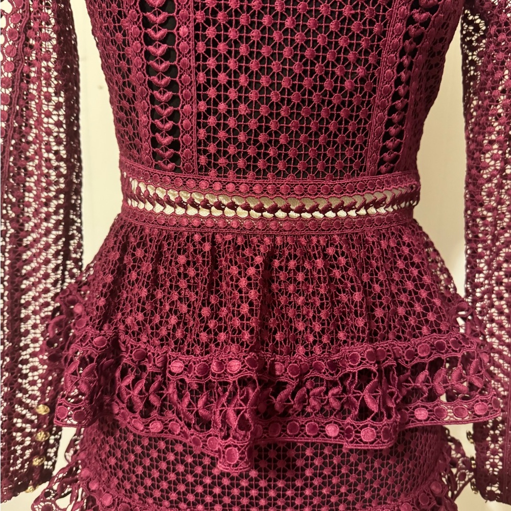 Self-Portrait Burgundy Long Sleeve Lace Dress - Picture 5 of 13